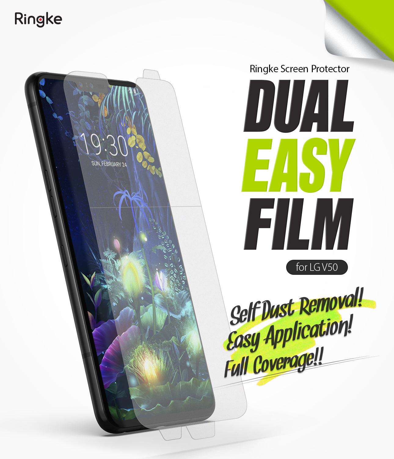 LG V50 ThinQ Screen Protector | Dual Easy Film - LG V50 ThinQ Screen Protector - Smartphone with a clear protective film being applied, featuring bold text marketing.