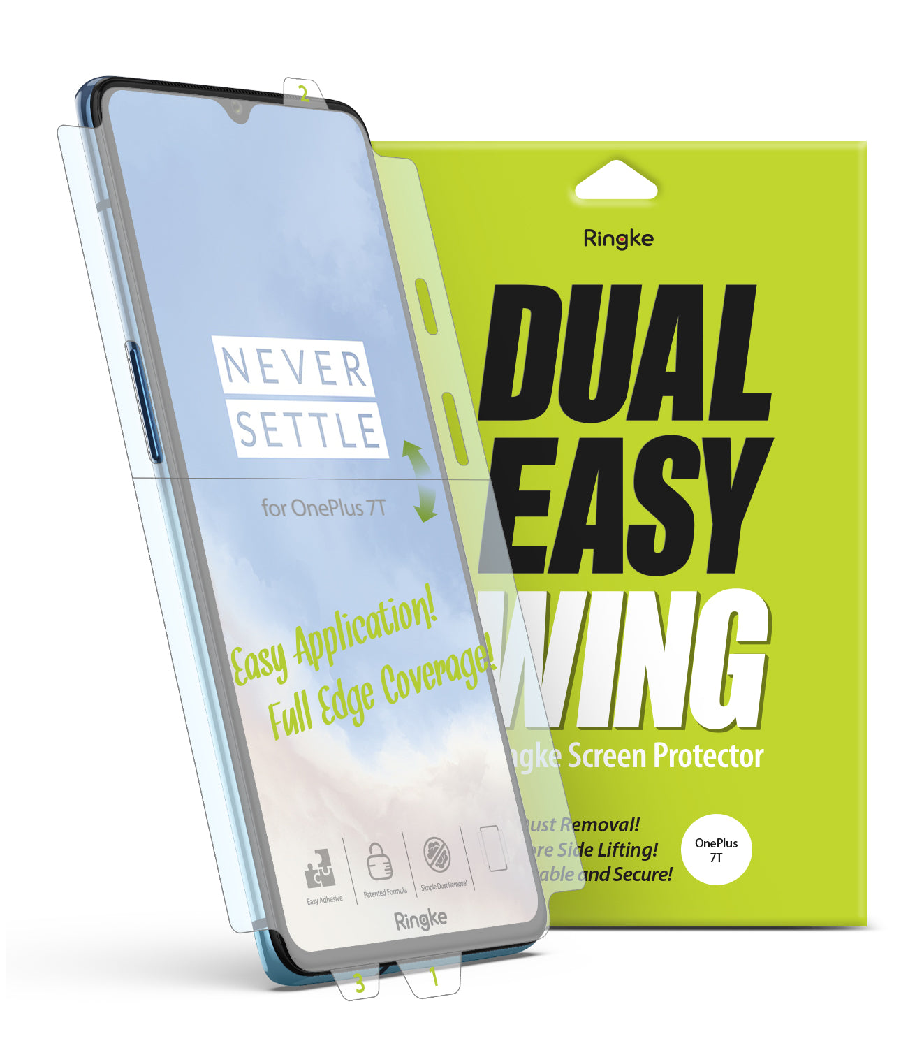 OnePlus 7T Screen Protector | Dual Easy Film - OnePlus 7T Screen Protector - A clear screen protector film being applied to a OnePlus 7T phone next to its green packaging.