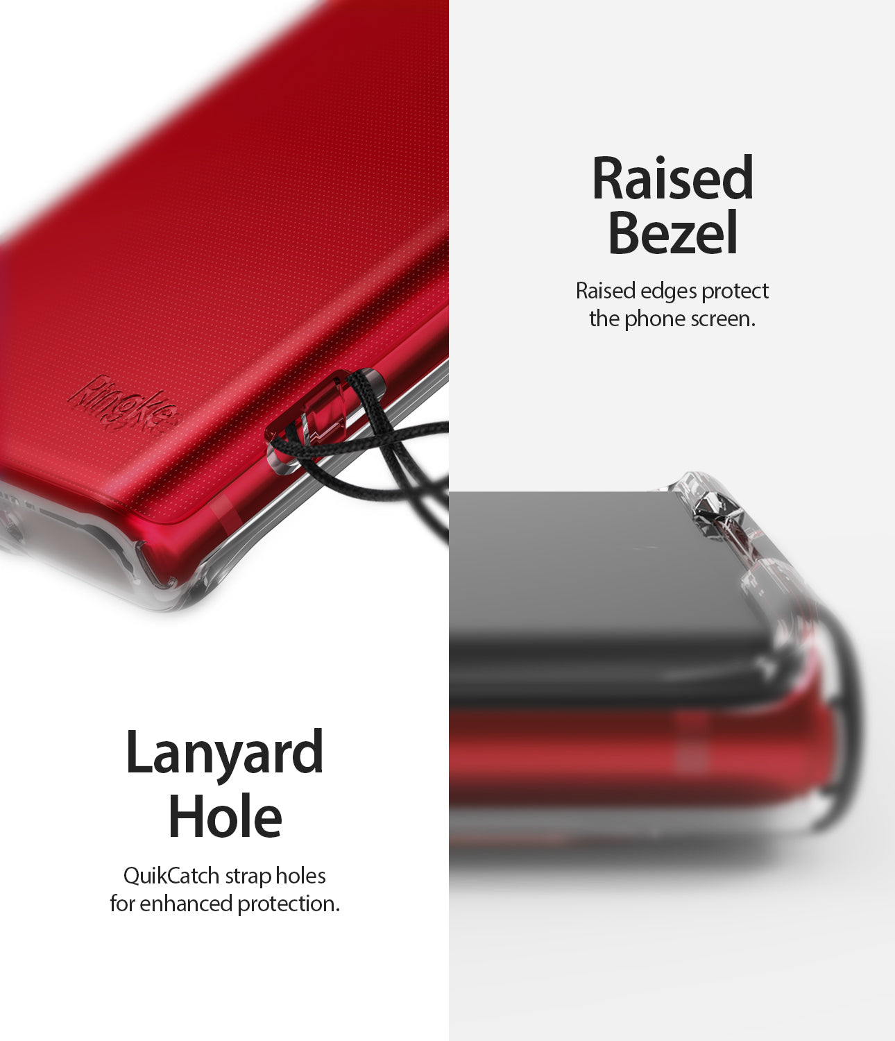 raised bezel to protect the phone screen and lanyard hole to attach accessories