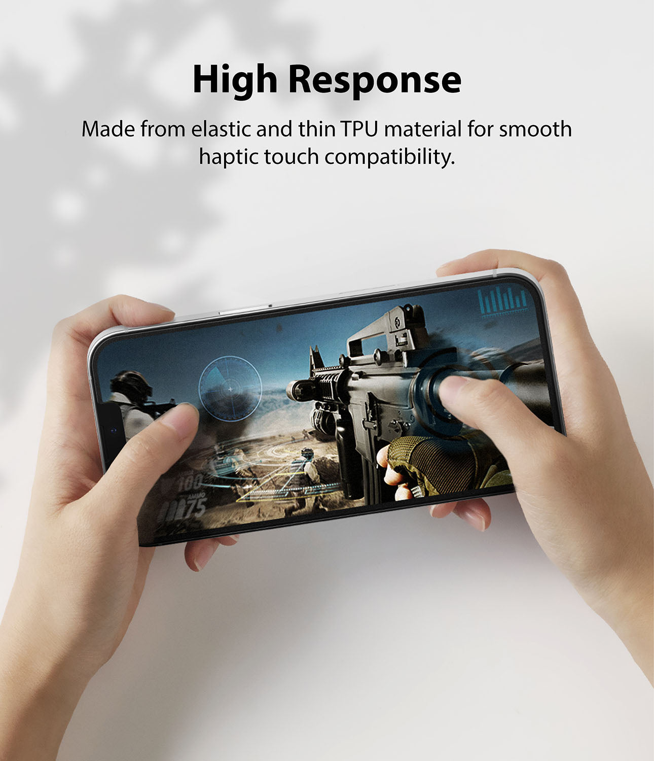 iPhone 13 Pro Max Screen Protector | Dual Easy Film Matte - High Response. Made from elastic and thin TPU material for smooth haptic touch compatibility.