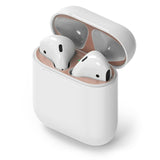 Ringke Airpods 2 / 1 Dust Guard Sticker - Three open AirPods cases on pedestals featuring metallic dust guard stickers.