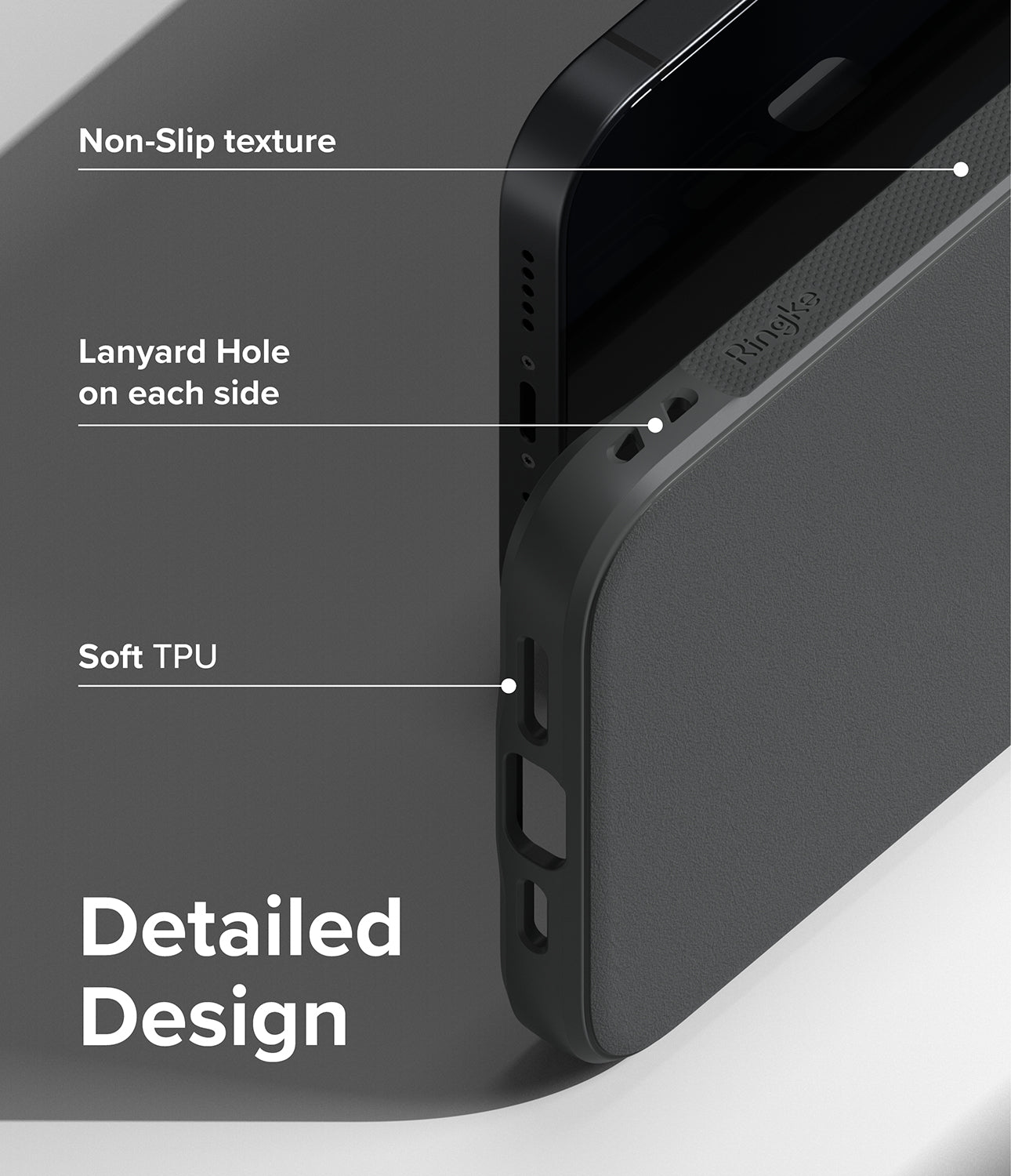 iPhone 14 Case | Onyx - Dark Gray - Detailed Design. Non-Slip Texture. Lanyard Hole on each side. Soft TPU. 