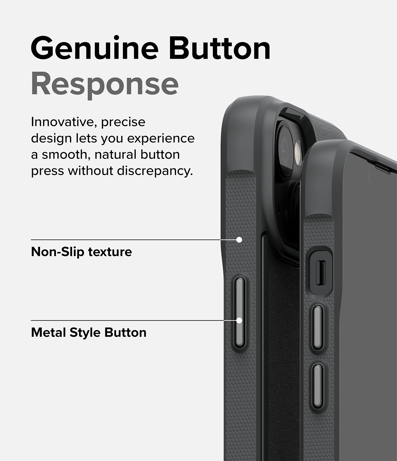 iPhone 14 Case | Onyx - Dark Gray - Genuine Button Response. Innovative, precise design lets your experience a smooth, natural button press without discrepancy. Non-Slip texture. Metal Style Button.