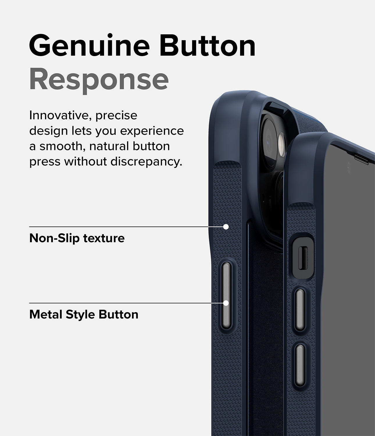 iPhone 14 Case | Onyx - Navy - Genuine Button Response. Innovative, precise design lets your experience a smooth, natural button press without discrepancy. Non-Slip texture. Metal Style Button.