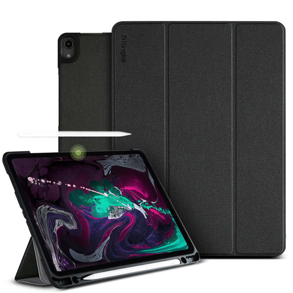 Smart Cover Apple Pencil Stand | iPad - Black tri-fold tablet case shown with a tablet in landscape orientation and a white stylus, on a clean white background.