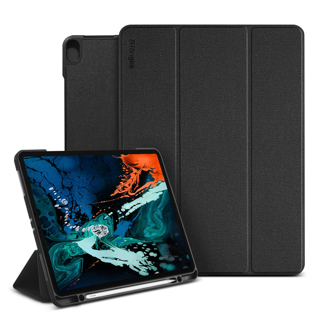 Smart Cover Apple Pencil Stand | iPad - A black textured tri-fold tablet case shown closed and open in landscape orientation, holding a tablet with a colorful abstract screen. The case has a small vertical 'XoloLite' brand mark on the front flap and includes a built-in stand.