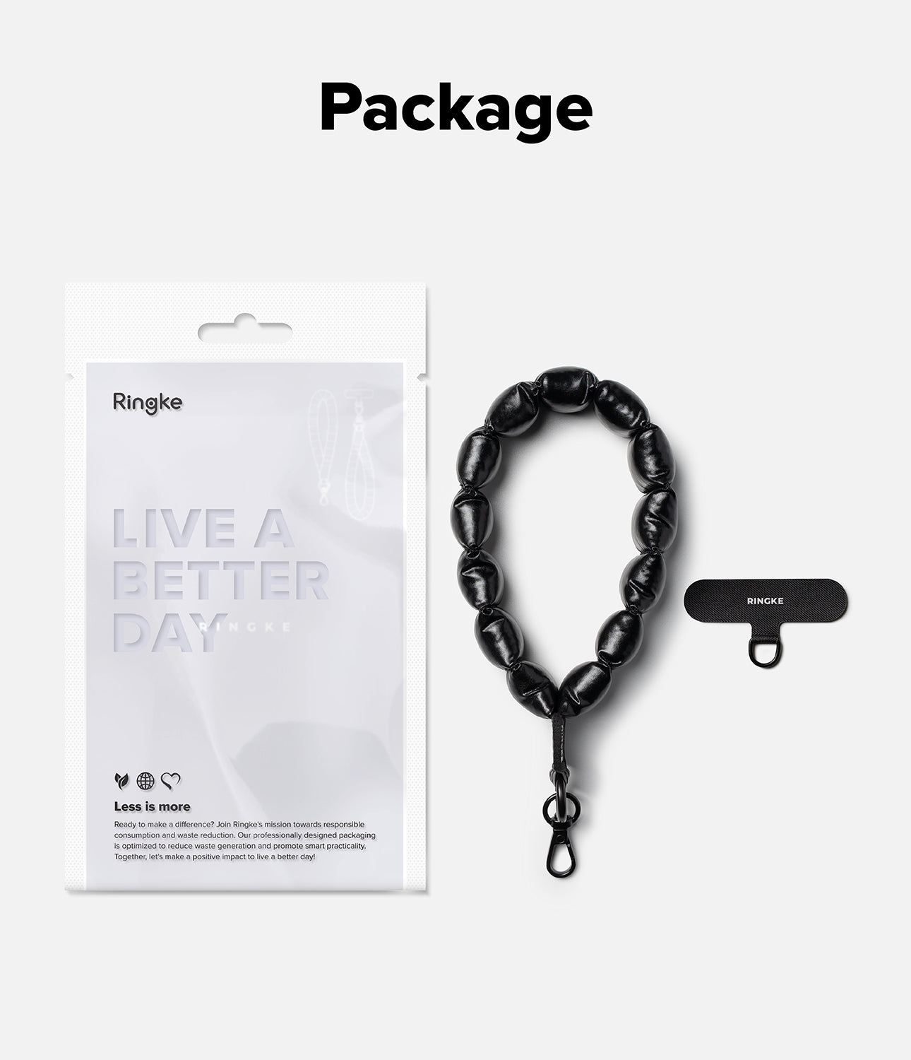 Holder Link Puffer | Hand - Black lanyard with Ringke packaging on a white background
