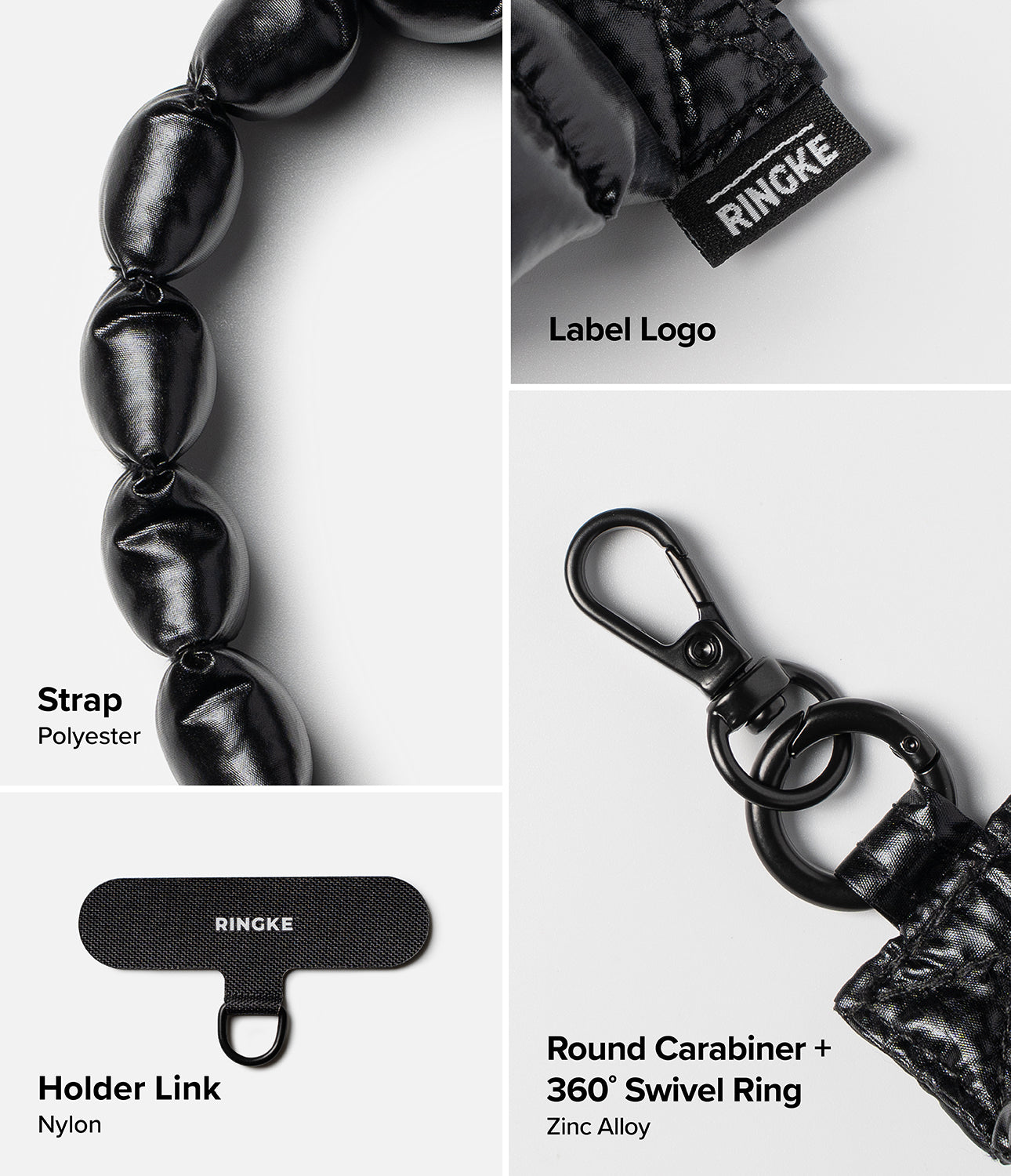 Holder Link Puffer | Hand - Black quilted polyester strap, nylon holder link, and zinc alloy 360-degree swivel carabiner.
