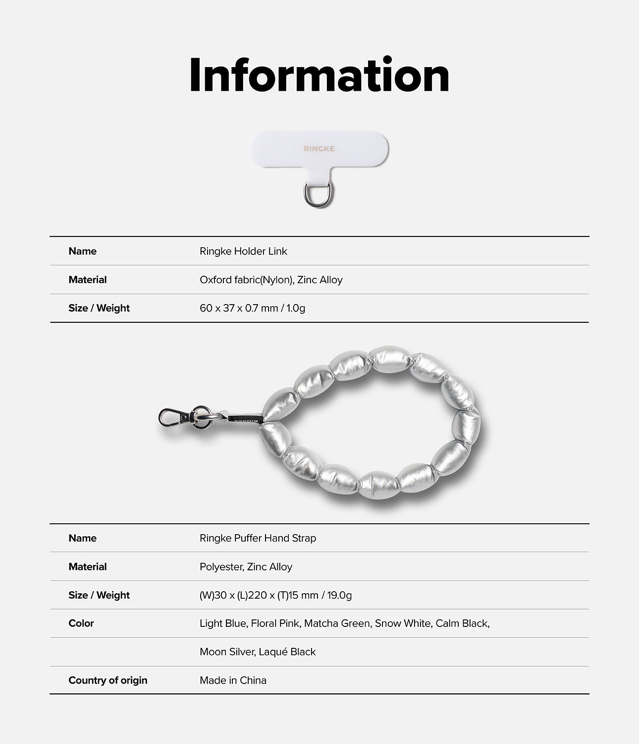 Holder Link Puffer | Hand - Product information card with Ringke accessories on a white background