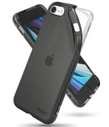 iPhone SE 2022 5G / SE 2020 / 8 Case | Air - Two iPhones in clear and matte black protective cases angled against each other.