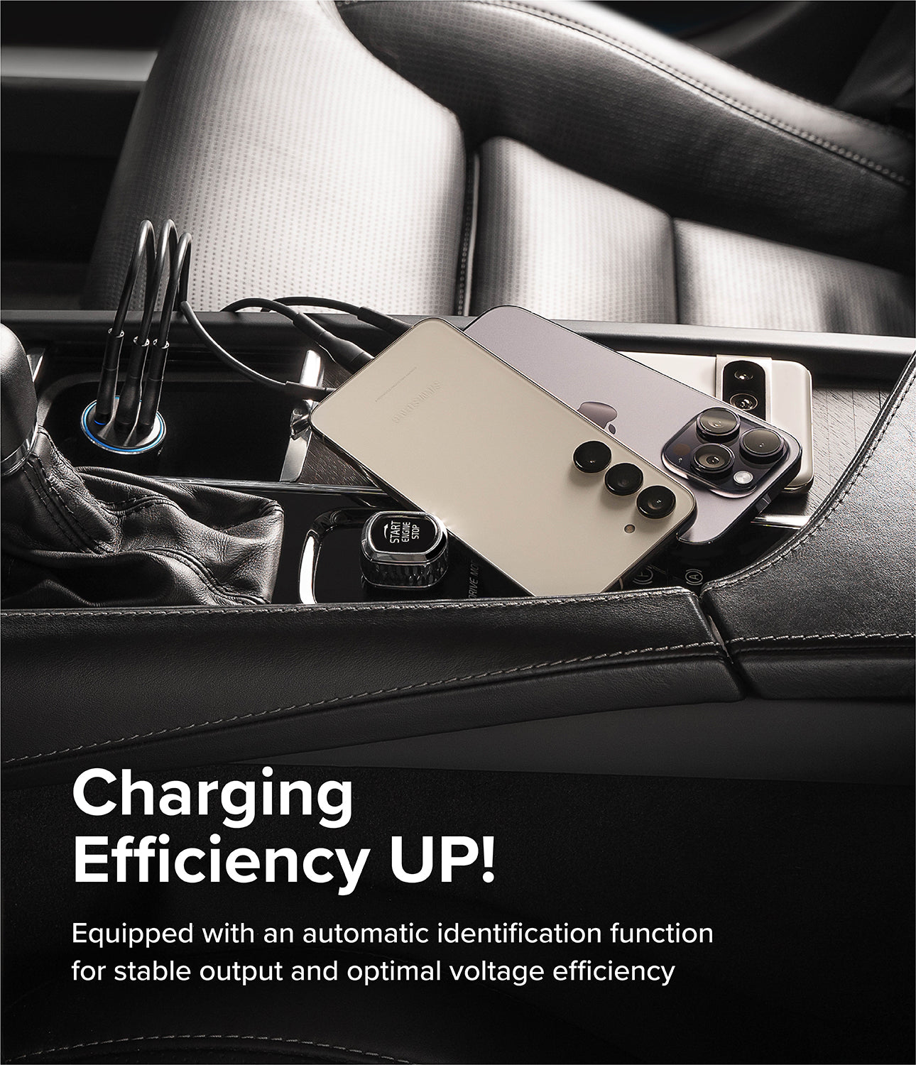 Ringke 3-Port Car Fast Charger - Charging Efficiency UP! Equipped with an automatic identification function for stable output and optimal voltage efficiency.