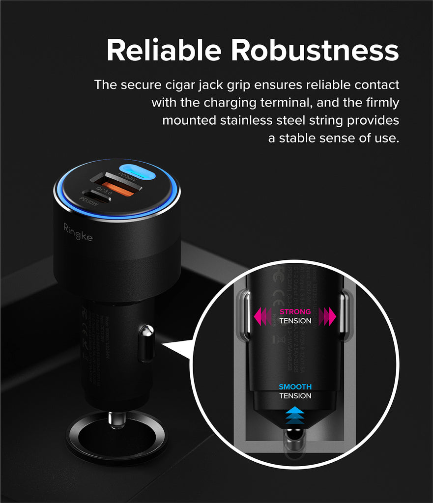 Ringke 3-Port Car Fast Charger - Reliable Robustness. The secure cigar jack grip ensures reliable contact with the charging terminal, and the firmly mounted stainless steel string provides a stable sense of use.