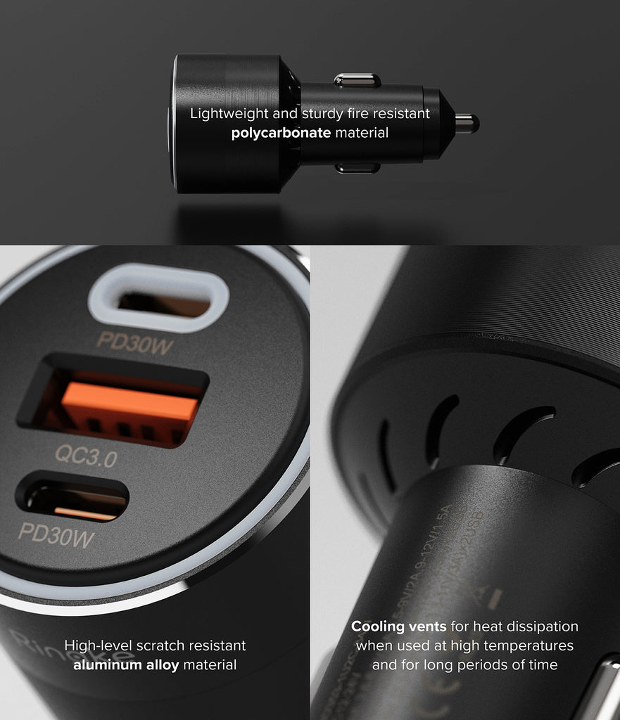 Ringke 3-Port Car Fast Charger - Lightweight and sturdy fire resistant polycarbonate material. High-level scratch resistant aluminum alloy material. Cooling vents for heat dissipation when used at high temperatures and for long periods of time.