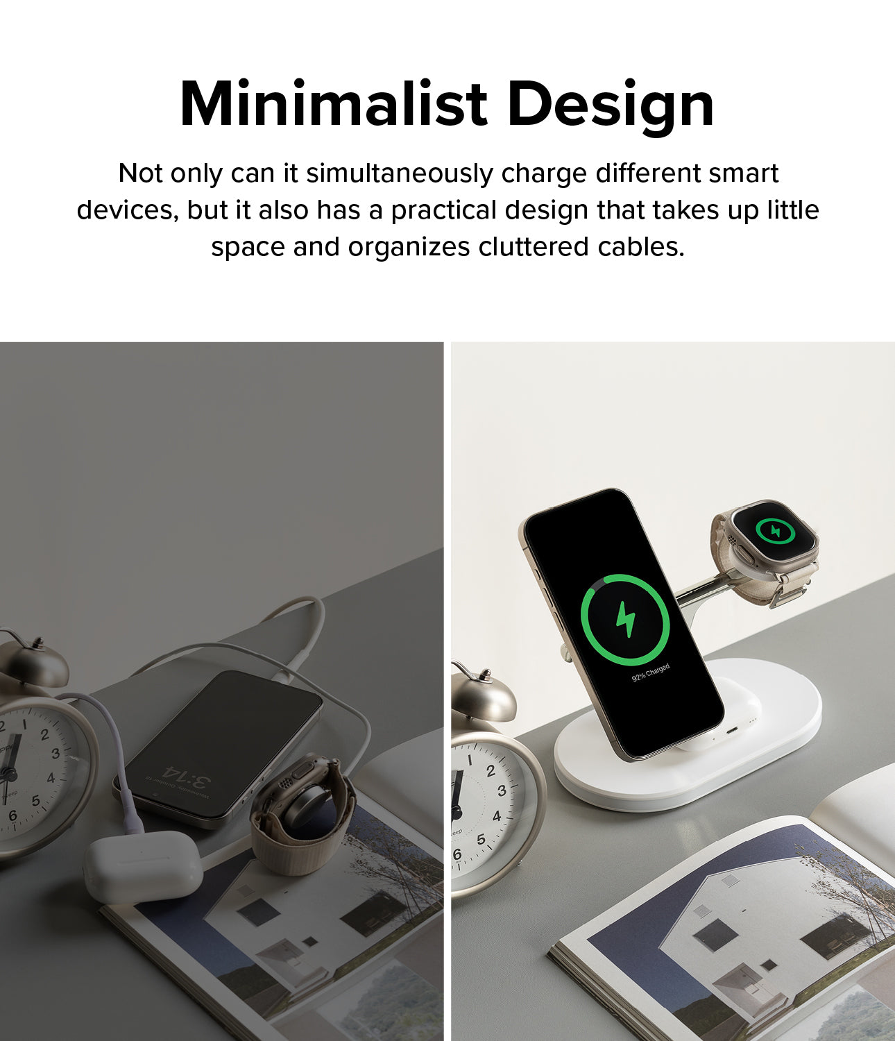Ringke 3-in-1 Wireless Charger Stand - Minimalist Design. Not only can it simultaneously charge different smart devices, but it also has a practical design that takes up little space and organizes cluttered cables.
