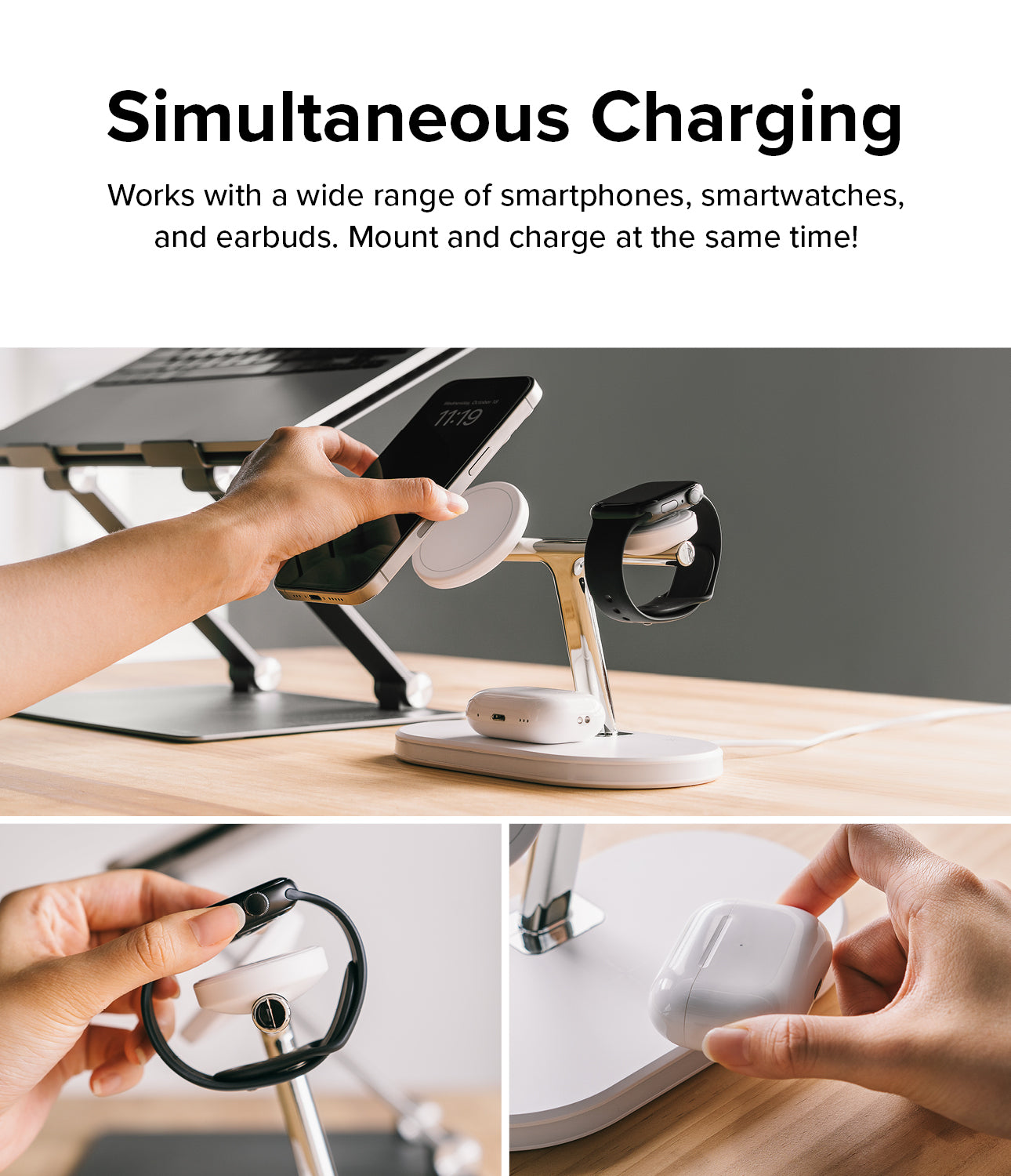 Ringke 3-in-1 Wireless Charger Stand - Simultaneous Charging. Works with a wide range of smartphones, smartwatches, and earbuds. Mount and charge at the same time!