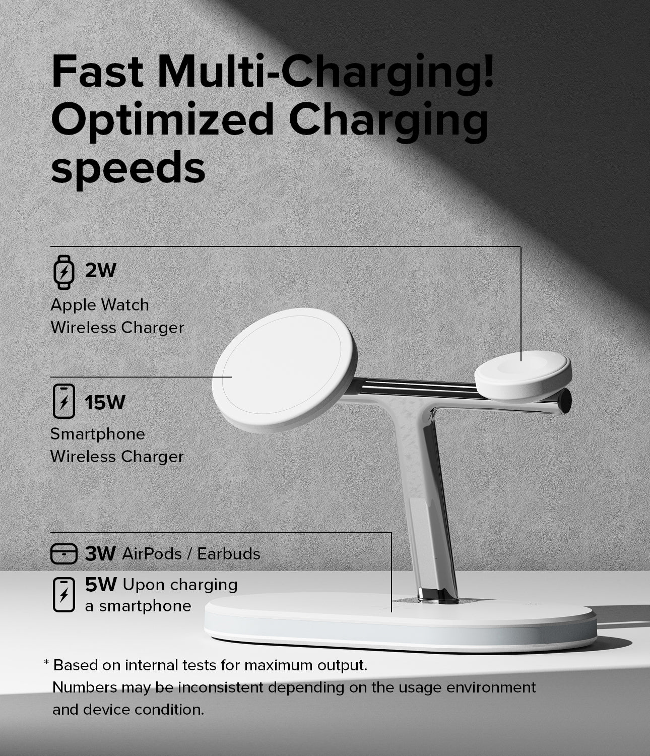 Ringke 3-in-1 Wireless Charger Stand - Fast Multi-Charging! Optimized Charging Speeds. 2W Apple Watch Wireless Charger. 15W Smartphone Wireless Charger. 3W AirPods / Earbuds. 5W Upon charging a smartphone.