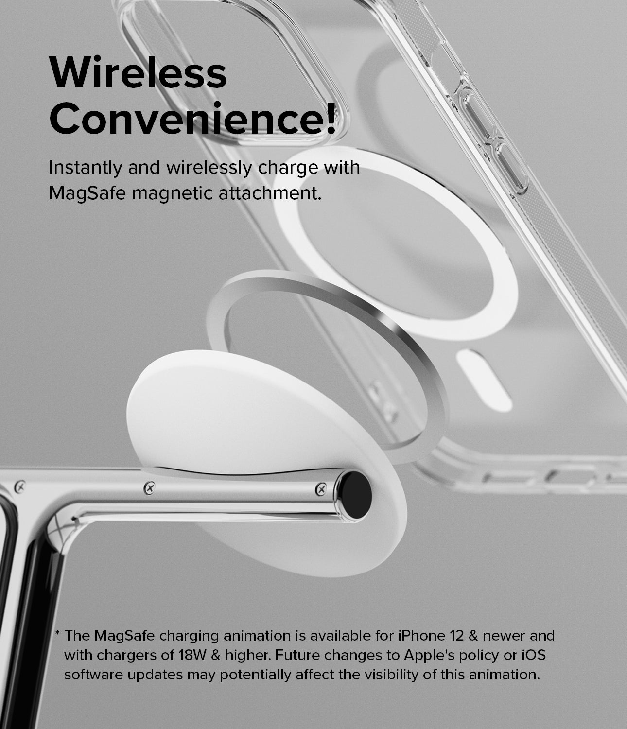 Ringke 3-in-1 Wireless Charger Stand - Wireless Convenience! Instantly and wirelessly charge with MagSafe magnetic attachment. The MagSafe charging animation is available for iPhone 12 and newer and with chargers of 18W and higher. Future changes to Apple's policy or IOS software updates may potentially affect the visibility of this animation.