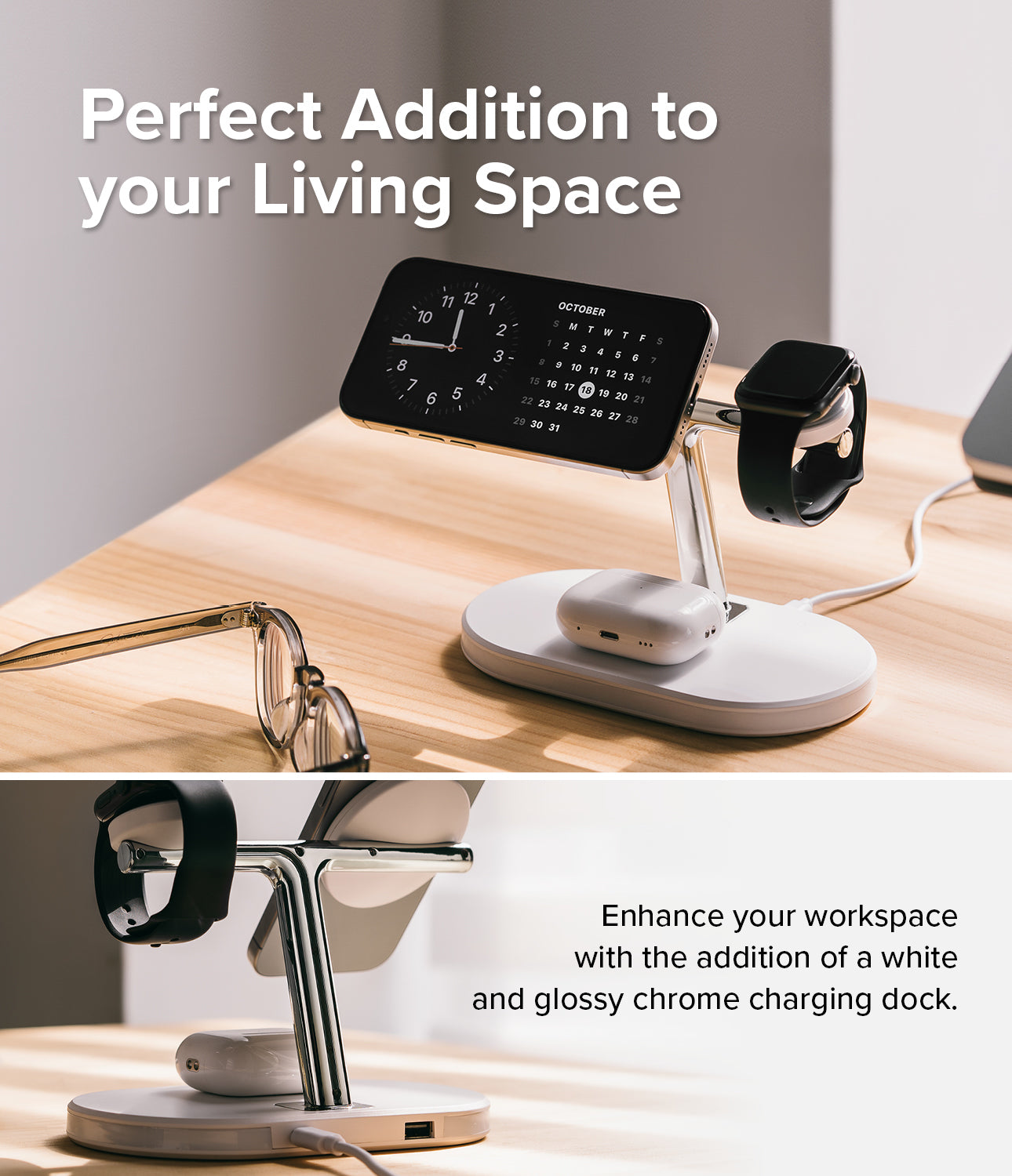 Ringke 3-in-1 Wireless Charger Stand - Perfect Addition to your Living Space. Enhance your workspace with the addition of a white and glossy chrome charging dock.