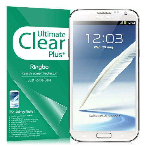 Galaxy Note 2 [ULTIMATE CLEAR PLUS] 2 Pack Screen Protector - A Samsung Galaxy Note 2 next to its green product packaging.