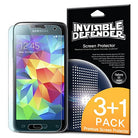 Galaxy S5 Mini [INVISIBLE DEFENDER] 3+1 Pack Screen Protector - A Samsung Galaxy S5 Mini next to its 3+1 pack retail box.