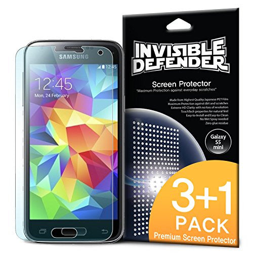 Galaxy S5 Mini [INVISIBLE DEFENDER] 3+1 Pack Screen Protector - A Samsung Galaxy S5 Mini next to its 3+1 pack retail box.