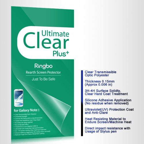 Galaxy Note 2 [ULTIMATE CLEAR PLUS] 2 Pack Screen Protector - Green packaging with product features and specifications.
