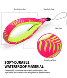 Banana / Black Floating Strap & Frameless Waterproof Pouch | a colorful, waterproof wrist strap made of soft and durable scuba diving fabric, with labels highlighting its components: buoy cushion grip, detachable clasp, and fixed cord.