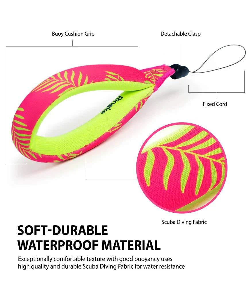 Banana / Navy Stripes Floating Strap & Waterproof Sling Bag | a colorful, waterproof wrist strap made of soft and durable scuba diving fabric, with labels highlighting its components: buoy cushion grip, detachable clasp, and fixed cord.