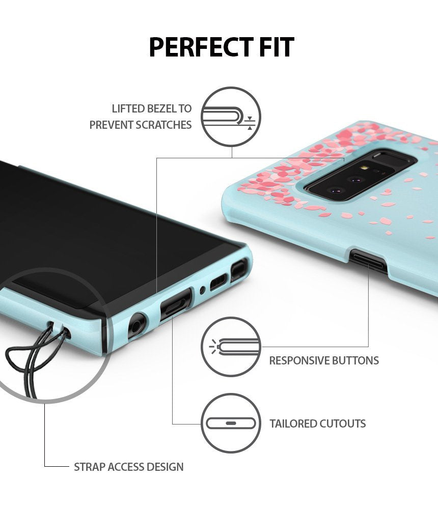 Galaxy Note 8 [Slim Cherry Blossom] [Limited Edition] - Light blue phone case with cherry blossom pattern and labels.