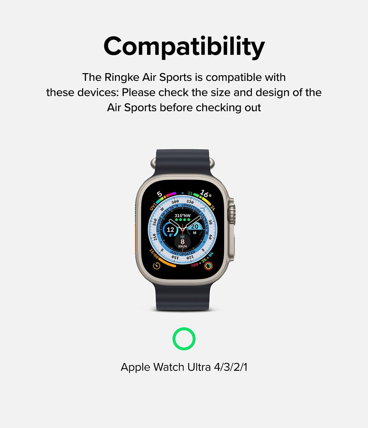 Apple Watch Ultra 4 / 3 / 2 / 1 Case | Air Sports - Compatibility graphic showing a Ringk Air Sports smartwatch band on an Apple Watch Ultra 4/3/2/1, with text explaining device compatibility on a light gray background.
