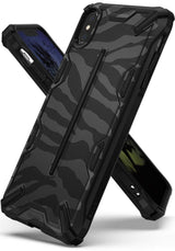 iPhone XS Case | Dual-X Design - Rugged black and grey camouflage protective phone case with raised edges and Ringke branding.