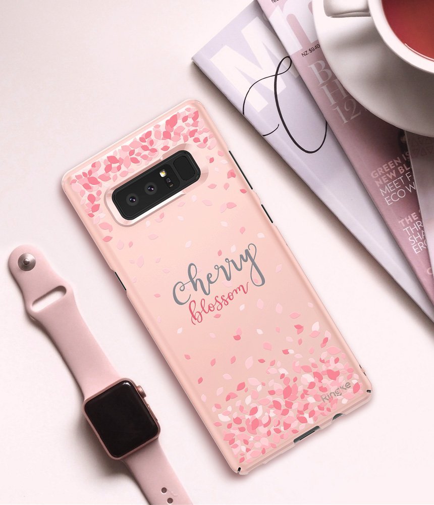Galaxy Note 8 [Slim Cherry Blossom] [Limited Edition] - Phone case with pink petals, "Cherry Blossom" text, watch, and cup.