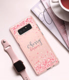 Galaxy Note 8 [Slim Cherry Blossom] [Limited Edition] - Phone case with pink cherry blossom petals and elegant text.