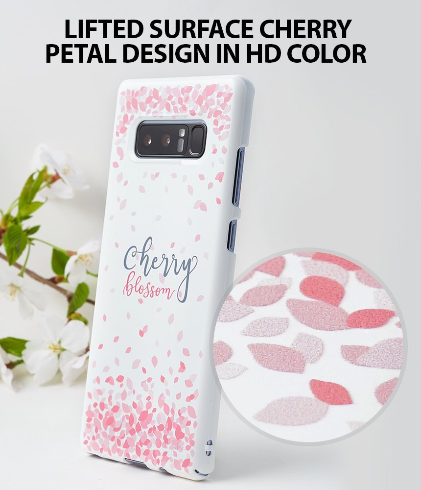 Galaxy Note 8 [Slim Cherry Blossom] [Limited Edition] - White phone case with pink cherry blossom petals and text.