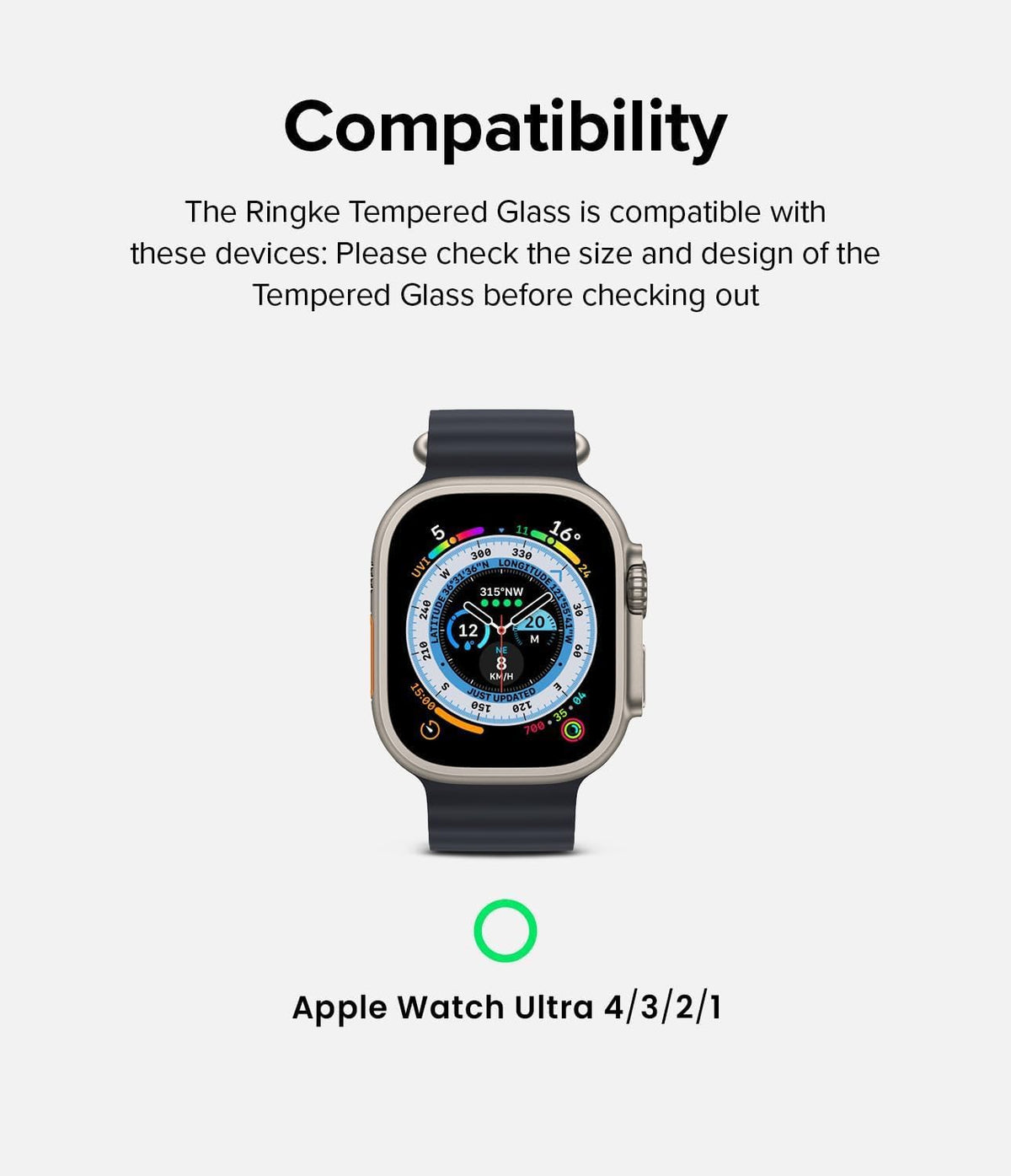 Apple Watch Ultra 4 / 3 / 2 / 1 Screen Protector | Glass - Compatibility graphic showing a smartwatch with a dark band and silver case on a light gray background, with text stating it is compatible with Apple Watch Ultra 4/3/2/1.