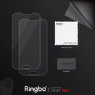 Galaxy S4 (S4 i9500 2013 Model) [ULTIMATE CLEAR PLUS] 2 Pack Screen Protector - Galaxy S4 Screen Protector - Two screen protectors, a cleaning cloth, and a squeegee card on a dark background.