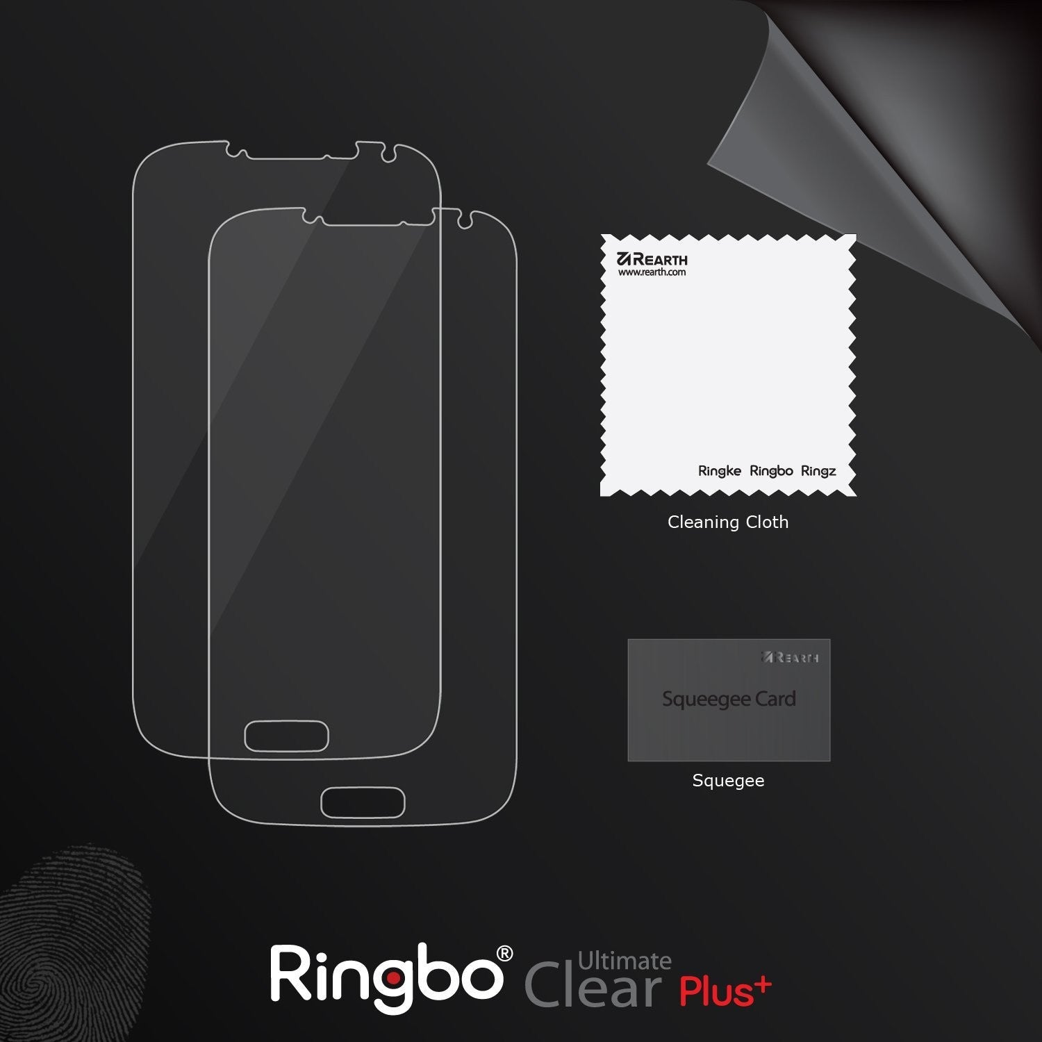 Galaxy S4 (S4 i9500 2013 Model) [ULTIMATE CLEAR PLUS] 2 Pack Screen Protector - Galaxy S4 Screen Protector - Two screen protectors, a cleaning cloth, and a squeegee card on a dark background.