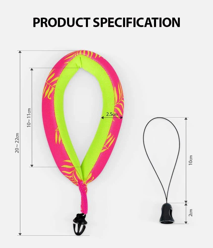 Banana / Navy Stripes Floating Strap & Frameless Waterproof Pouch | Neon pink and strap toy with measurement details on a white background