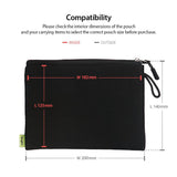 Cushion Pouch - Black zippered pouch with red interior dimensions (182x125mm) and grey exterior dimensions (200x140mm).