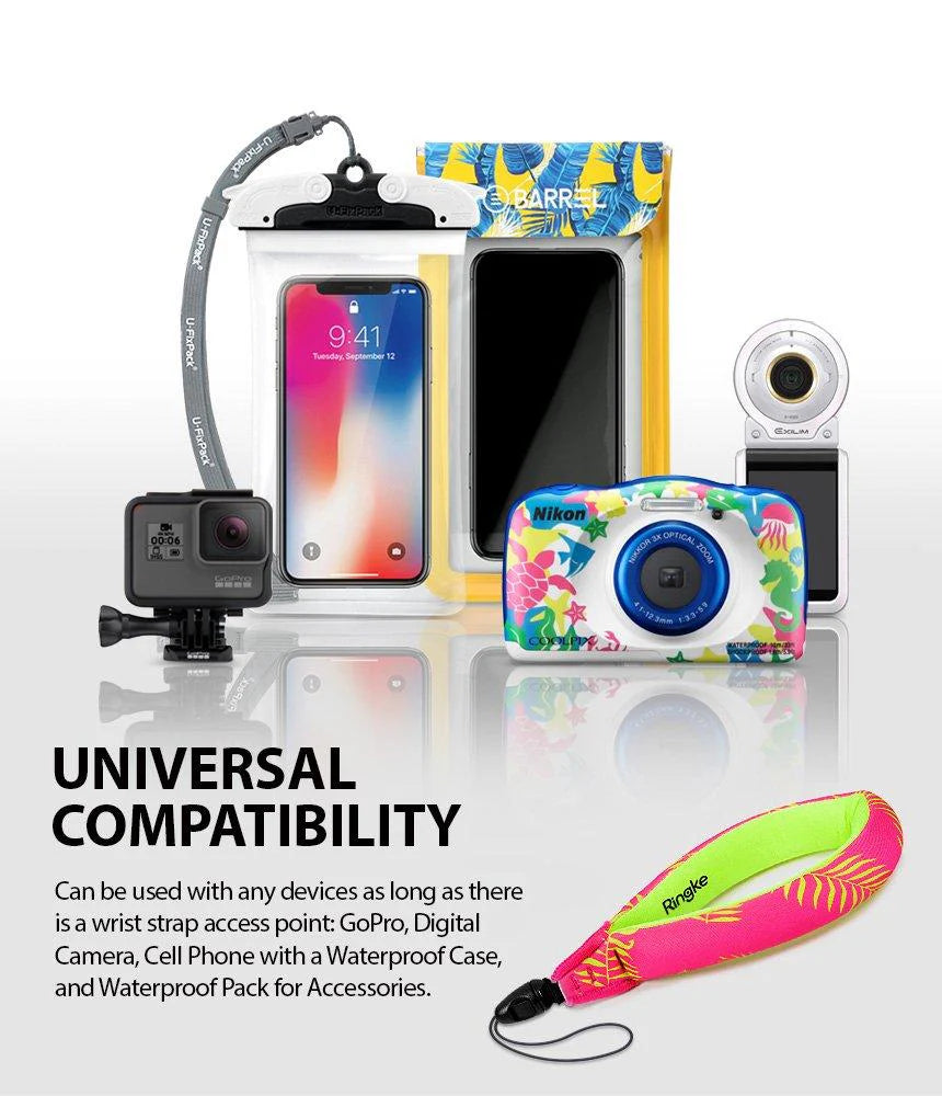 Palm Leaves / Banana Floating Strap & Waterproof Sling Bag | Collection of electronic devices with accessories on a white background