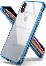 iPhone XS Case | Fusion - Clear protective phone case with a blue bumper frame shown from front and back angles.