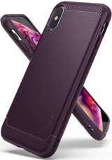 iPhone XS Case | Onyx - A dark purple, brushed-texture phone case with carbon fiber accents and Ringke branding.