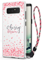 Galaxy Note 8 [Slim Cherry Blossom] [Limited Edition] - White phone case with pink petals, script text, and wrist strap.