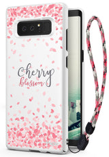Galaxy Note 8 [Slim Cherry Blossom] [Limited Edition] - White phone case with pink petals, script text, and wrist strap.