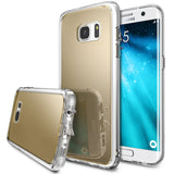Galaxy S7 Edge Case | Mirror - Gold mirror-finish phone case with clear bumper shown on and off a Samsung Galaxy S7 Edge.