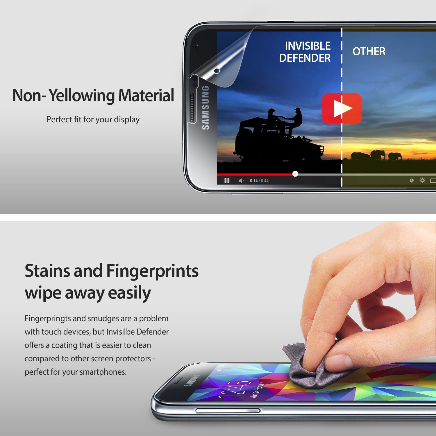 Galaxy S5 Mini [INVISIBLE DEFENDER] 3+1 Pack Screen Protector - Comparison showing clear screen and easy cleaning.
