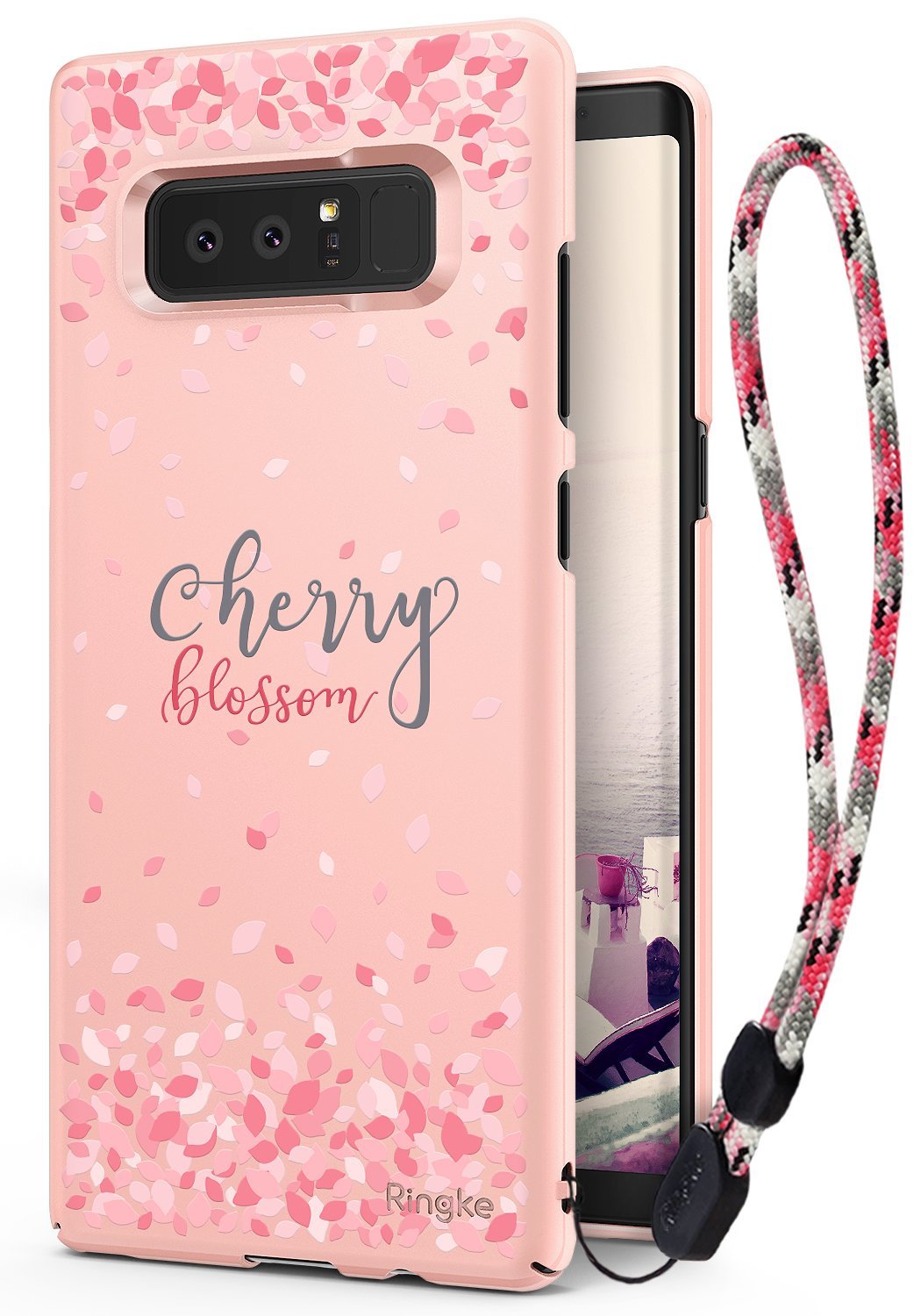 Galaxy Note 8 [Slim Cherry Blossom] [Limited Edition] - Pink phone case with cherry blossom petals and wrist strap.