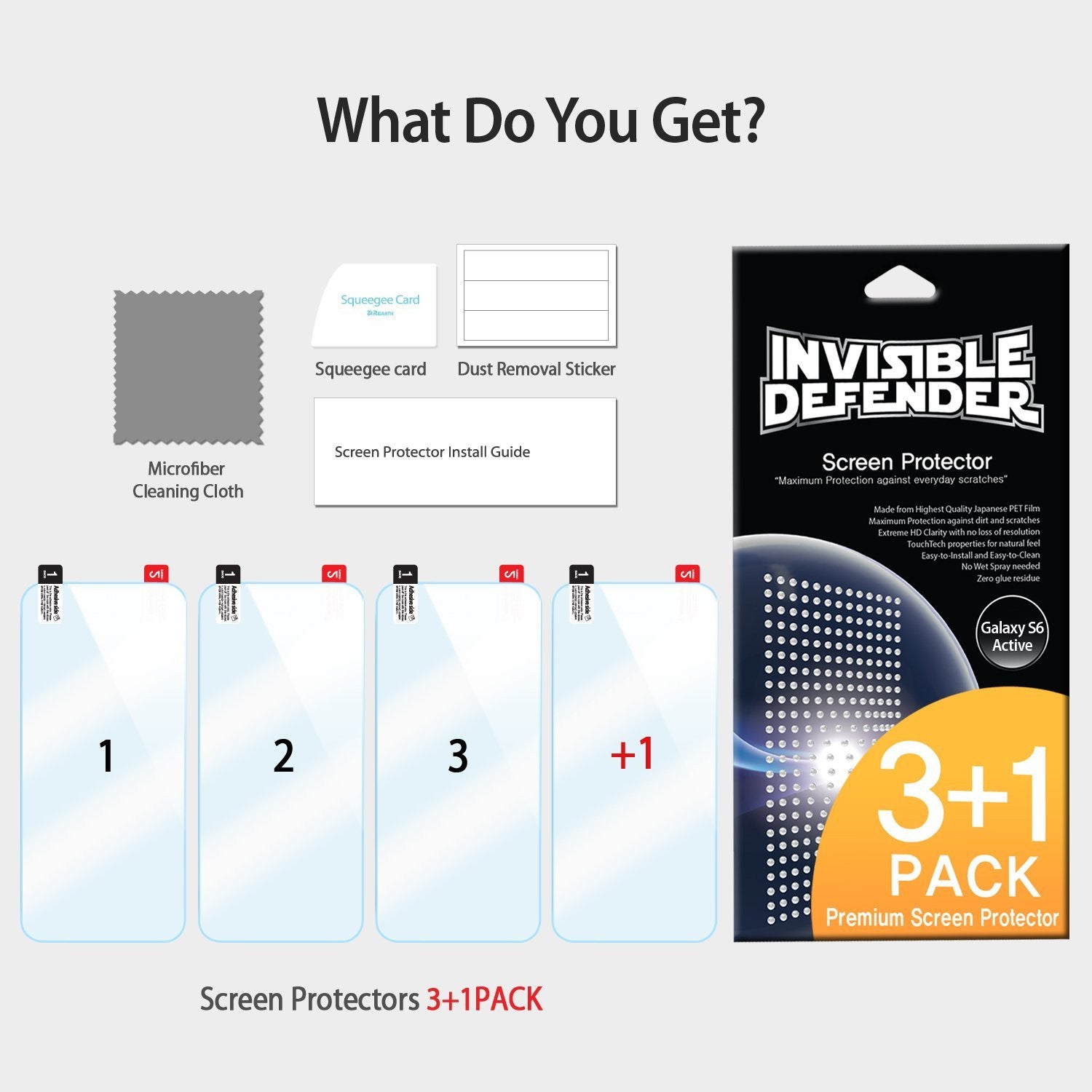 Galaxy S6 Active [INVISIBLE DEFENDER] 3+1 Pack Screen Protector - Four screen protectors, cleaning cloth, and tools.