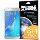 Galaxy J5 2016 [INVISIBLE DEFENDER] 3+1 Pack - Smartphone with screen protector next to black packaging labeled 3+1 Pack.