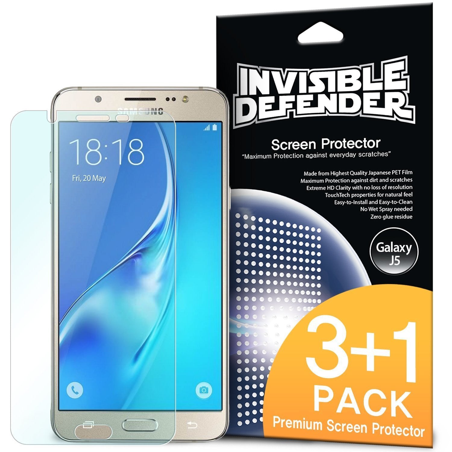 Galaxy J5 2016 [INVISIBLE DEFENDER] 3+1 Pack - Smartphone with screen protector next to black packaging labeled 3+1 Pack.